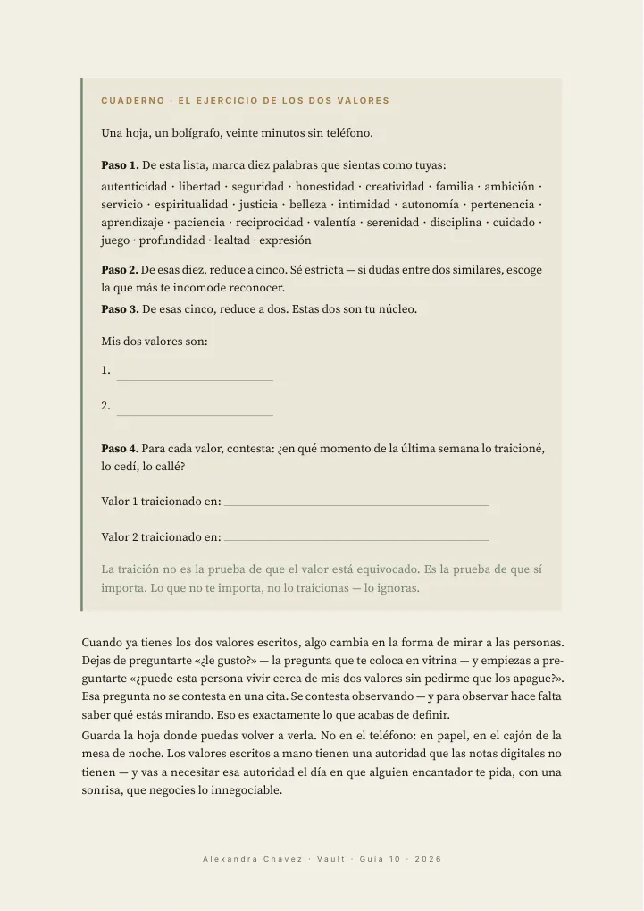 Página real de la Guía 10: cuaderno de trabajo, el ejercicio de los dos valores