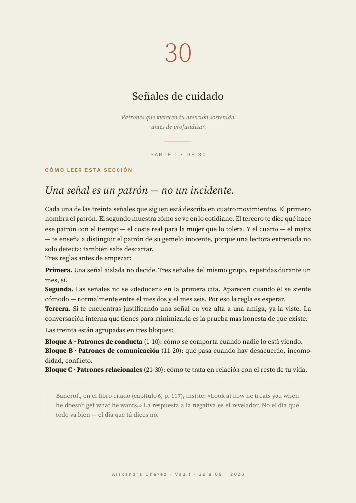 Página real de la Guía 09: apertura de la Parte I, «Señales de cuidado»