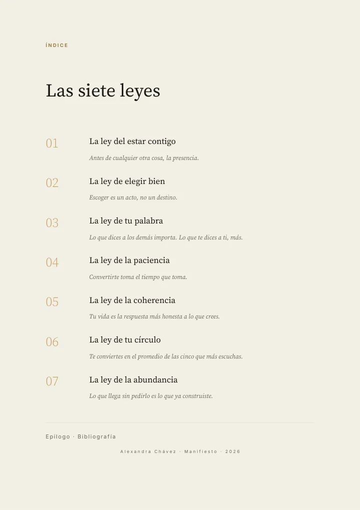 Página real del Manifiesto: el índice de las siete leyes